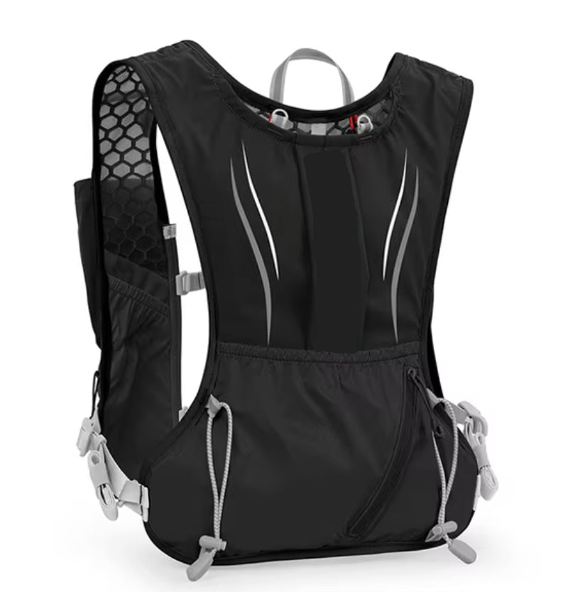 Black lightweight hydration vest for trail running with a 2L water bladder.