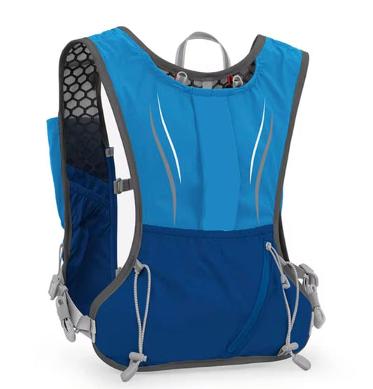 Blue lightweight hydration vest for trail running with a 2L water bladder.