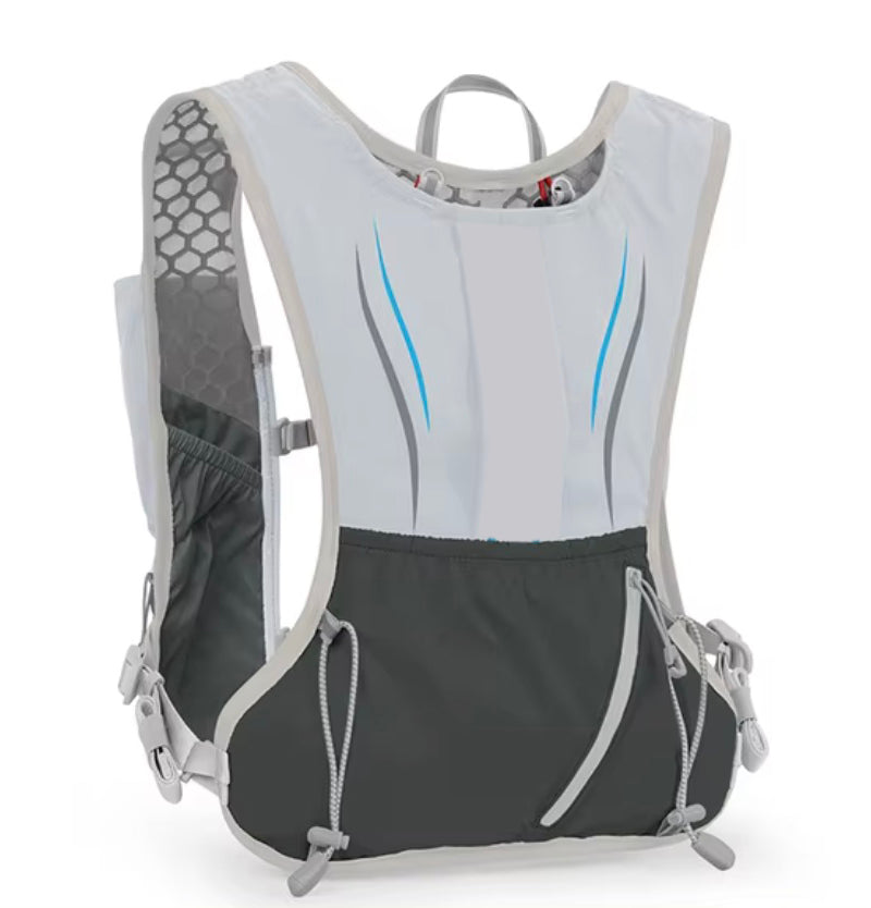 Blue and Grey lightweight hydration vest for trail running with a 2L water bladder.